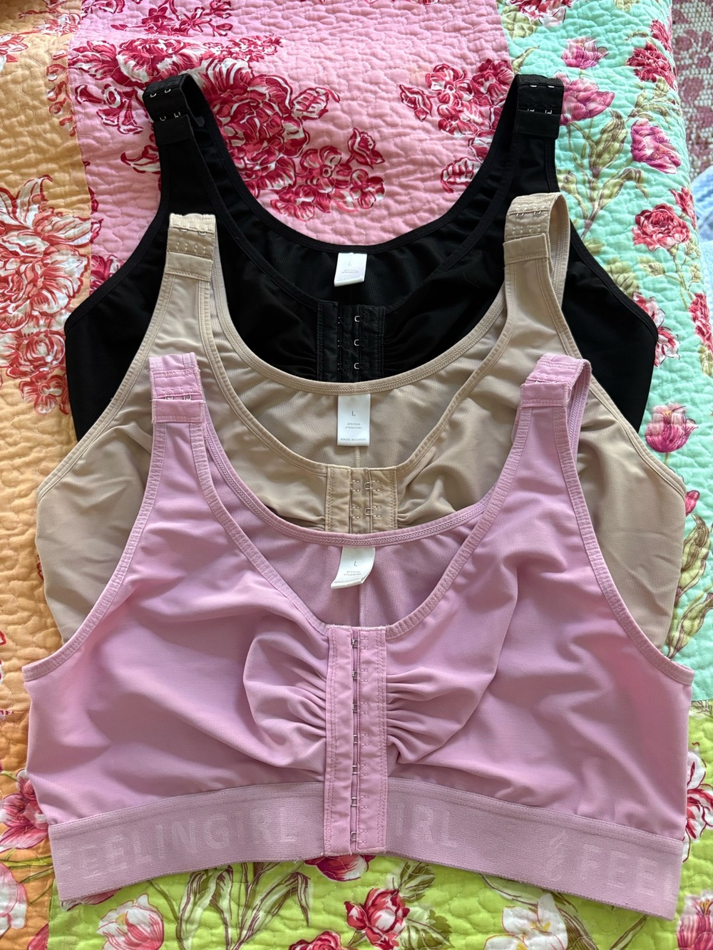 Front-Closure Post Surgery Wireless Compression Bras, Lot of 3